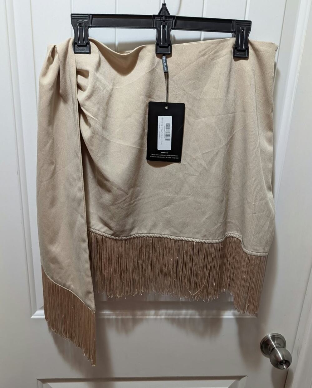 PrettyLittleThing Sand Woven Fringe Hem Drape Front Mini Skirt Size L, UK 16